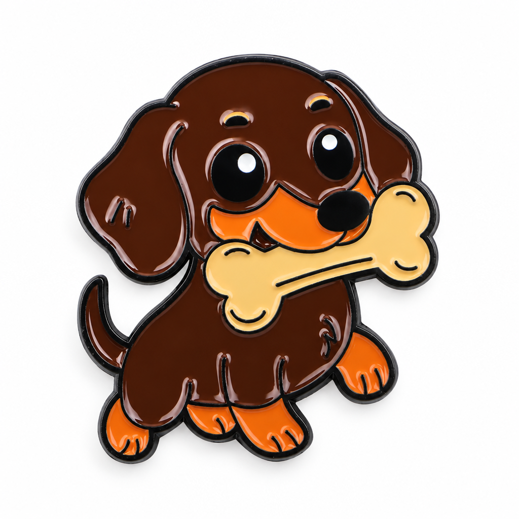 Dachshund puppy enamel pin holding a bone, on a white background