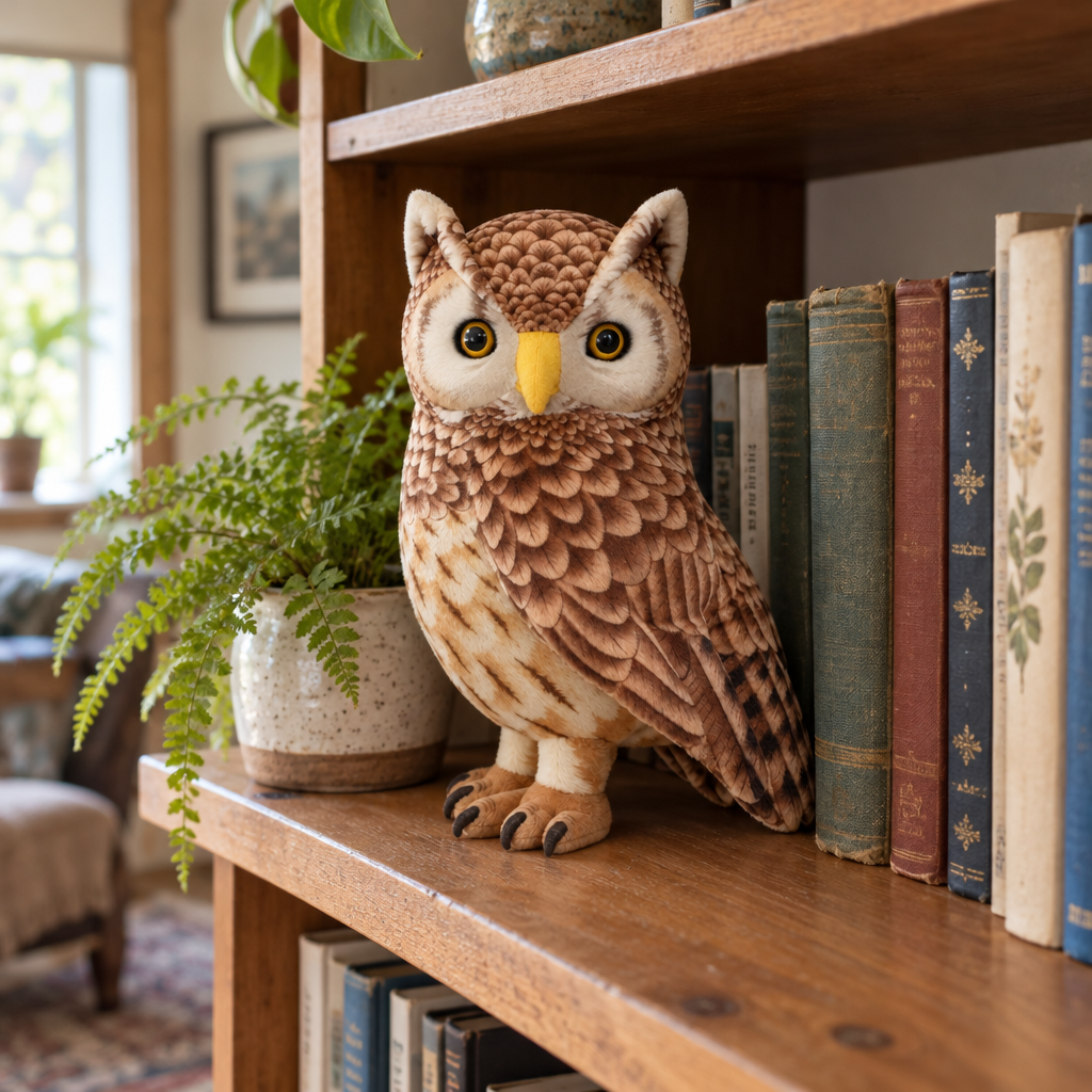 Realistic owl plush standing on a wooden bookshelf between books