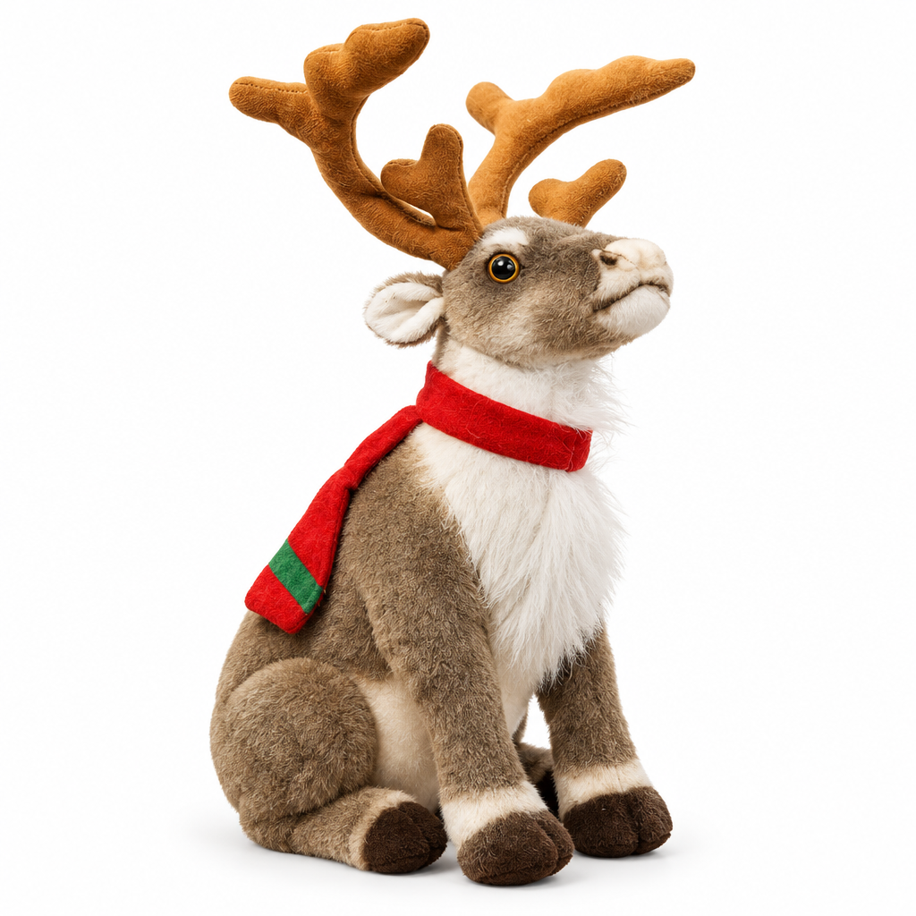 Realistic reindeer plush with a red scarf on a white background