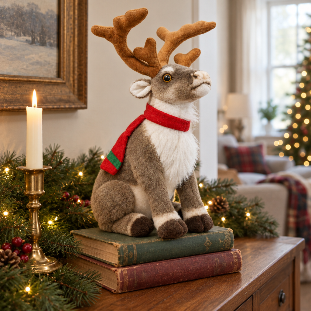 Realistic reindeer plush with a red scarf sitting on books on a wooden sideboard