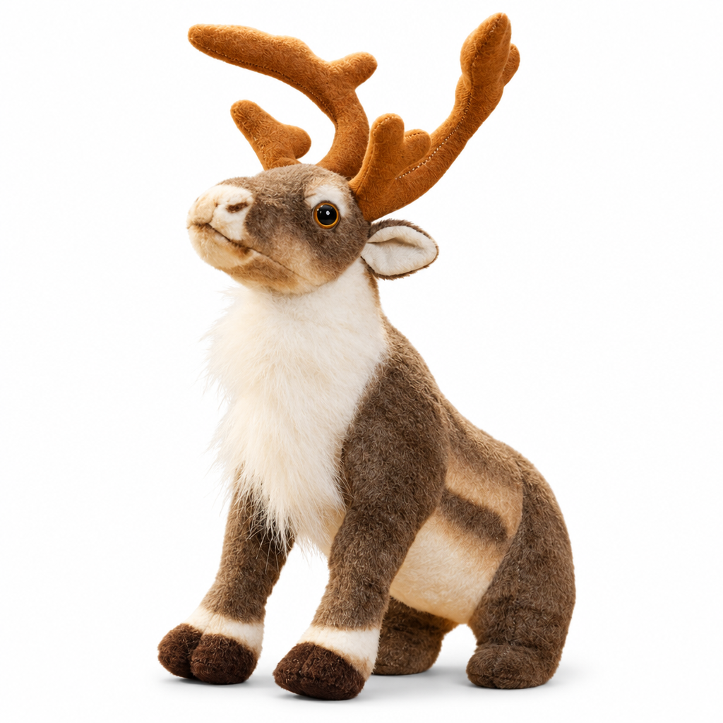 Realistic reindeer plush with big plush antlers on a white background