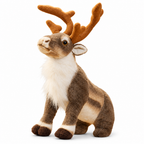 Realistic reindeer plush with big plush antlers on a white background