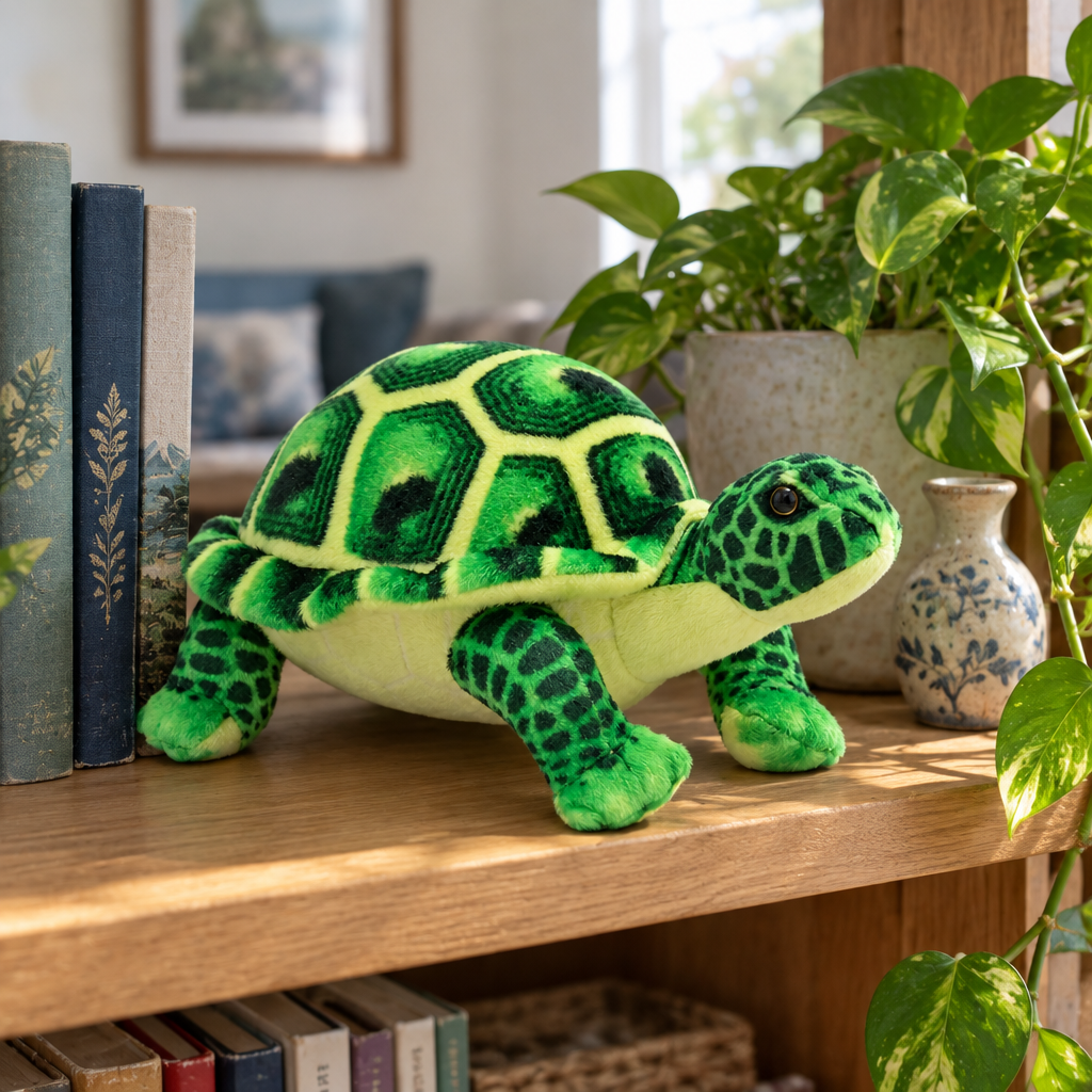 Green realistic tortoise plush standing on a wooden bookshelf next to books and a plant