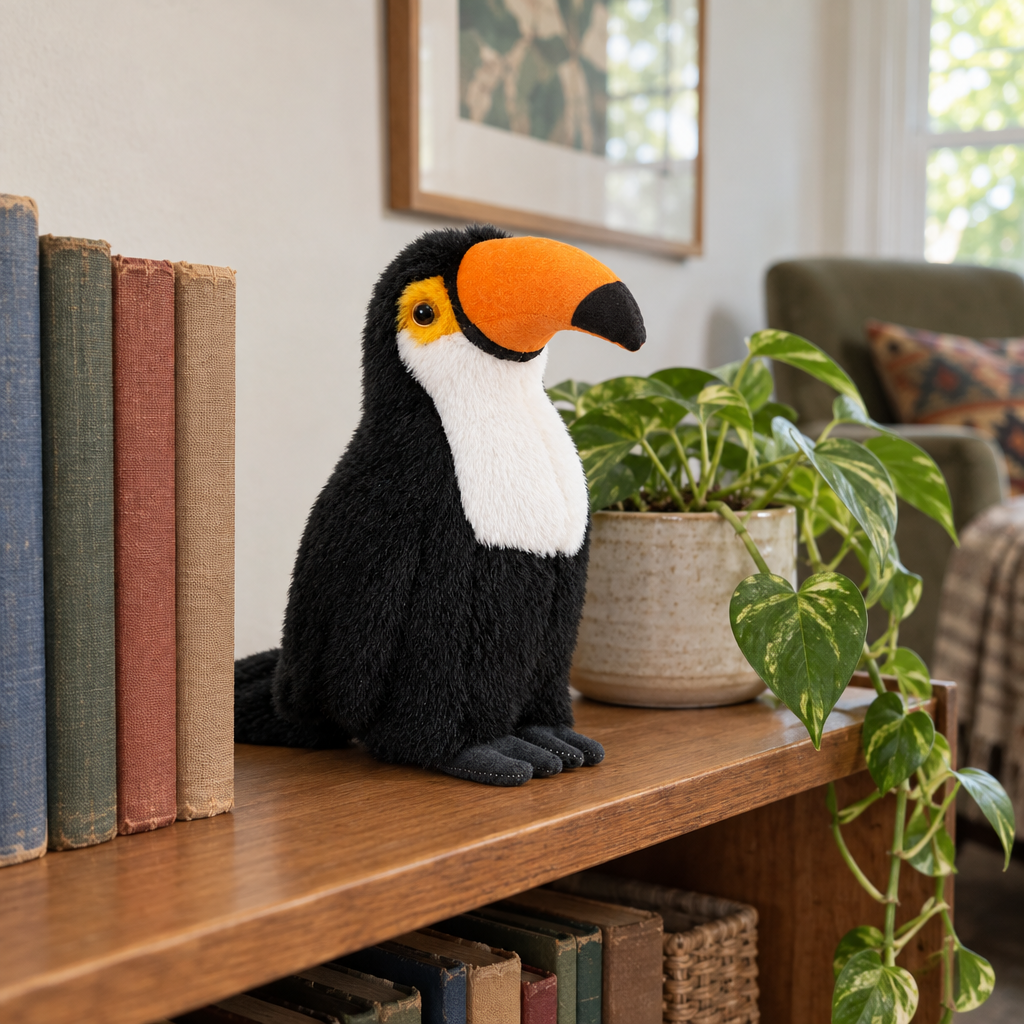 White-chested toucan plush standing on a wooden bookshelf next to books and a plant