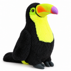 Black toucan plush with a yellow chest and rainbow beak on a white background