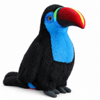 Black toucan plush with a blue chest and red beak on a white background