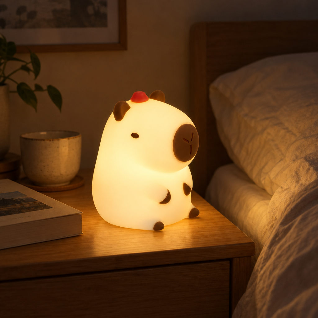 Capybara night light glowing warm white on a nightstand in a dark bedroom