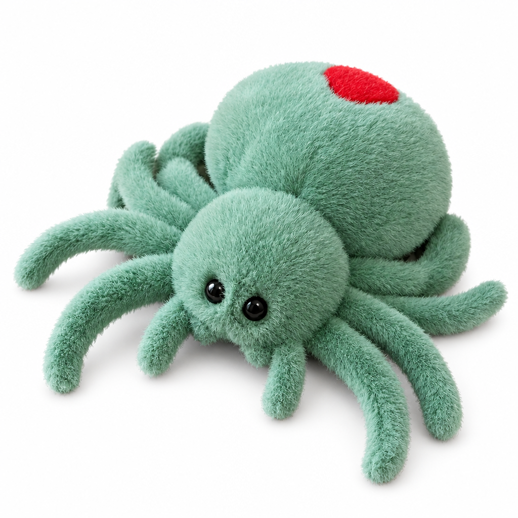 Jade green spider plush with a red spot on its back on a white background