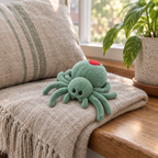 Green spider plush with a red spot resting on a linen throw by a window
