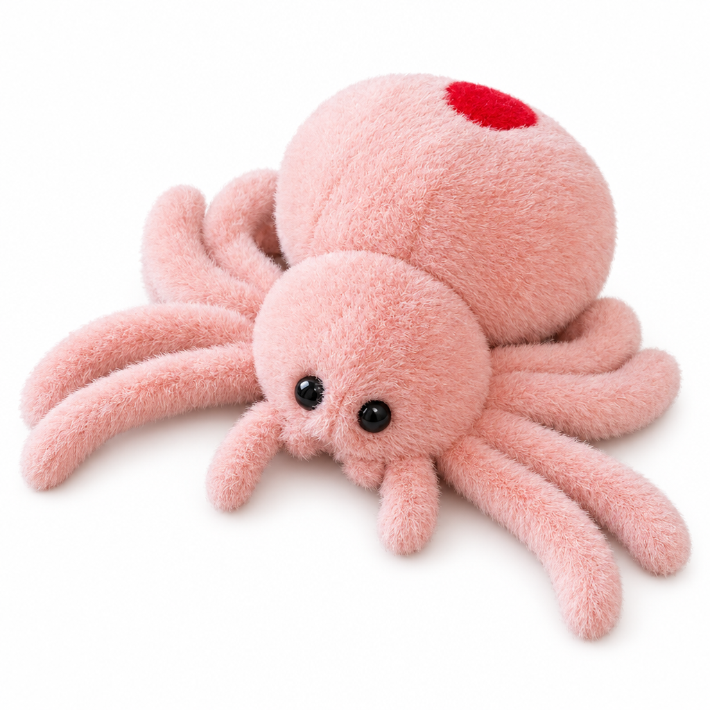 Blush pink spider plush with a red spot on its back on a white background