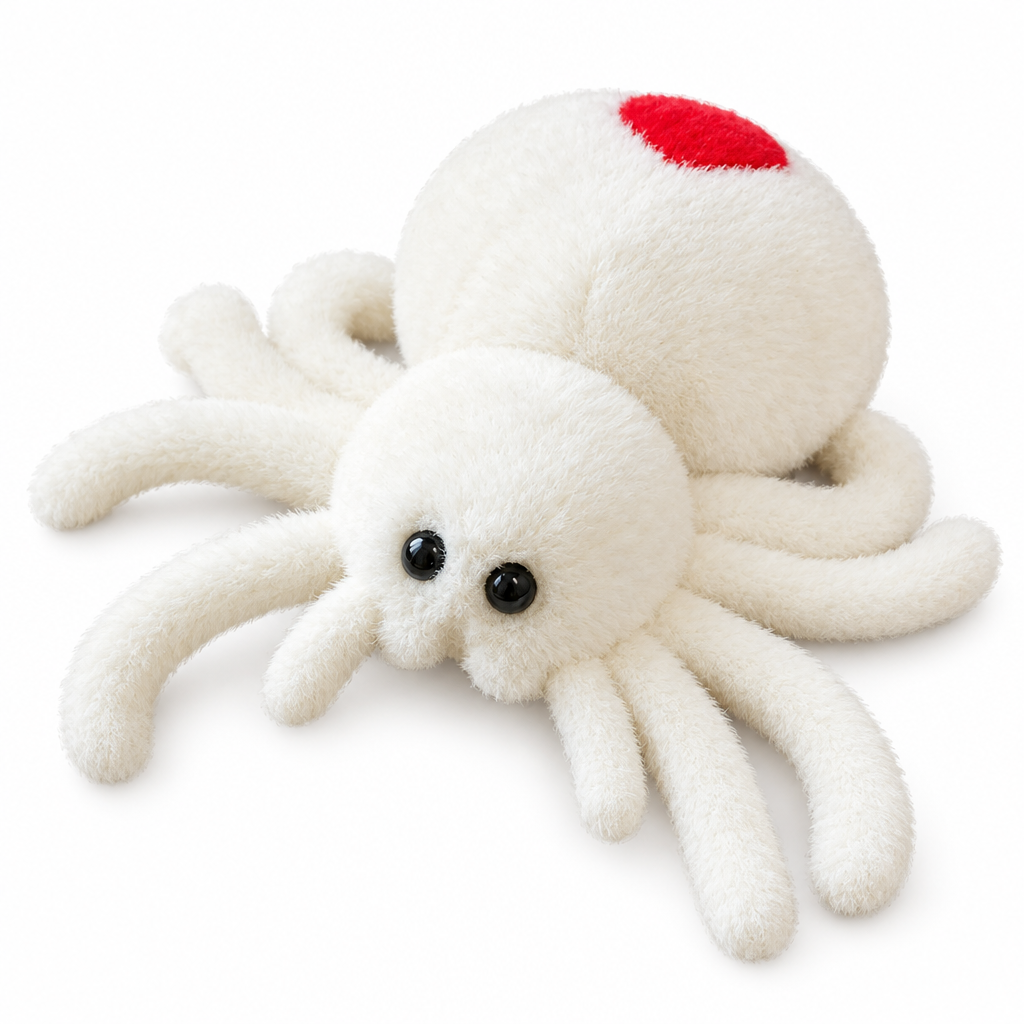 Cream white spider plush with a red spot on its back on a white background