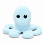 Pale blue octopus plush with big glossy eyes on a white background