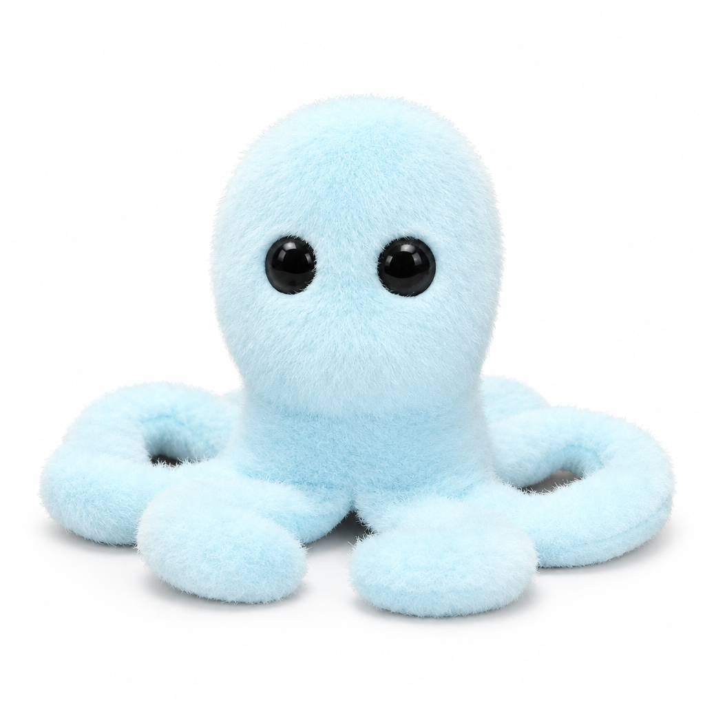 Pale blue octopus plush with big glossy eyes on a white background