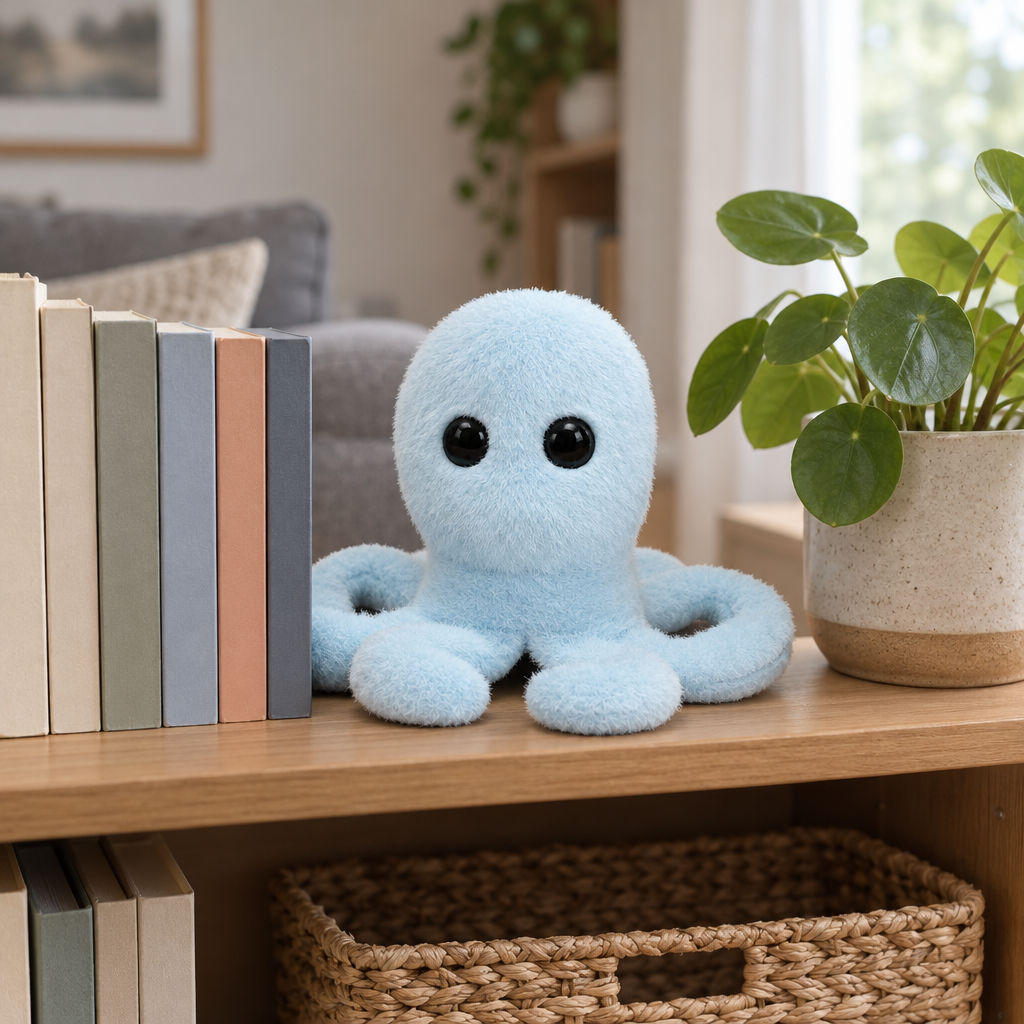 Pale blue octopus plush sitting on a wooden bookshelf next to books and a plant