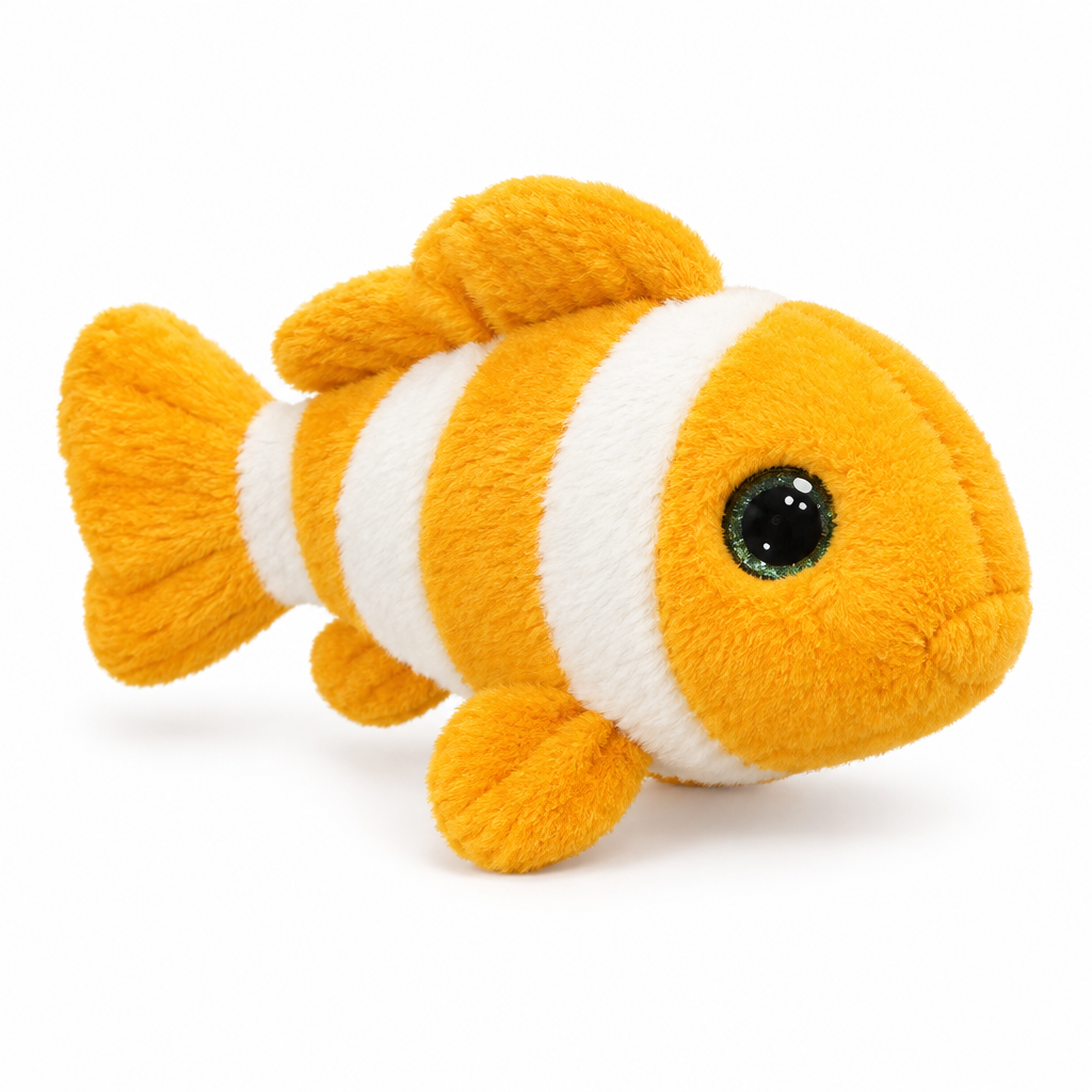 Orange and white striped clownfish plush on a white background