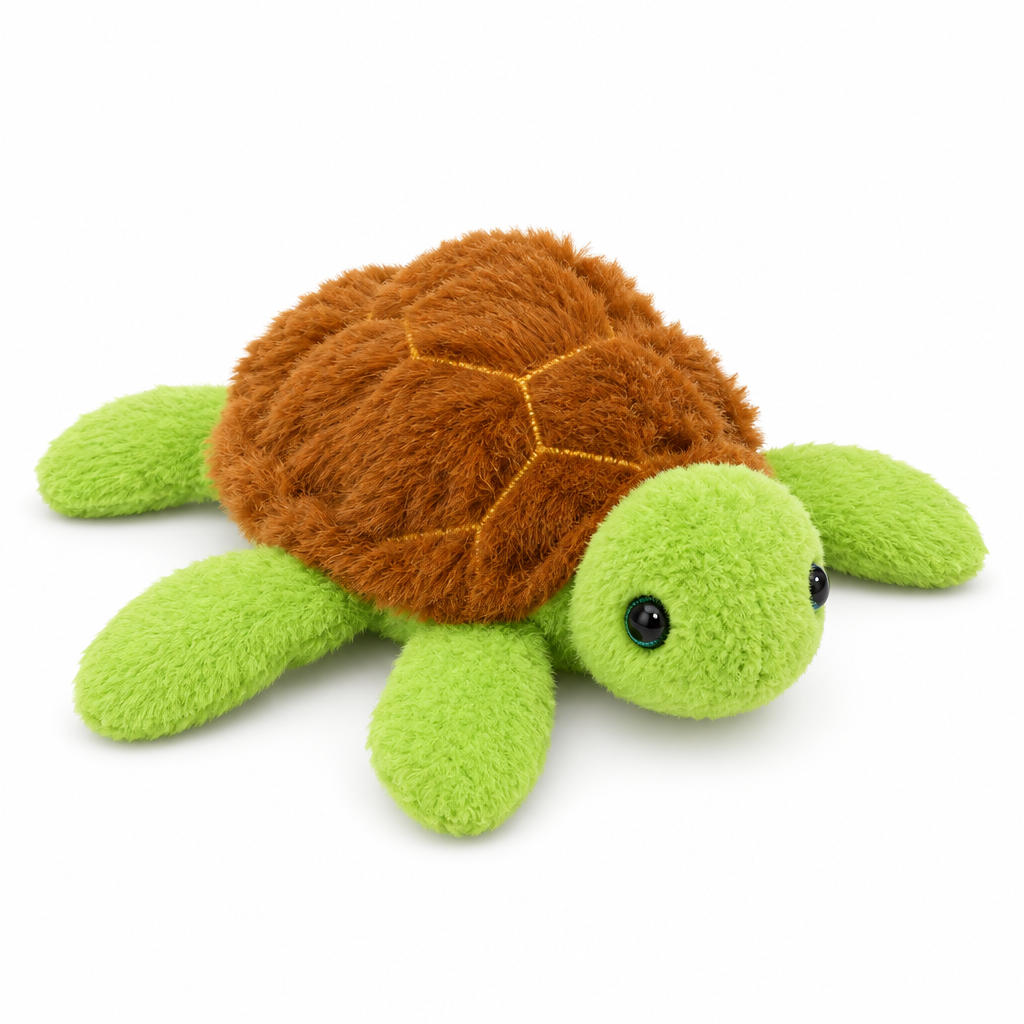 Sea turtle plush with a shaggy brown shell and green flippers on a white background