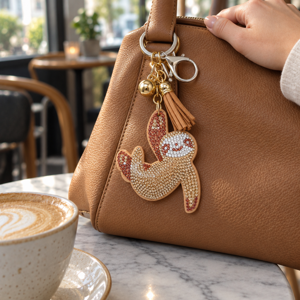 Rhinestone sloth keychain clipped to a handbag handle on a café table