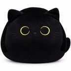 Round black cat plush with golden ring eyes on a white background
