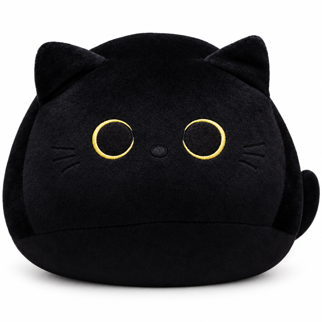 Round black cat plush with golden ring eyes on a white background