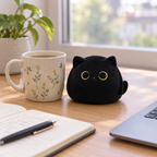 Small round black cat plush on a wooden desk next to a mug and notebook