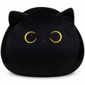 Round black cat plush with golden eyes on a white background