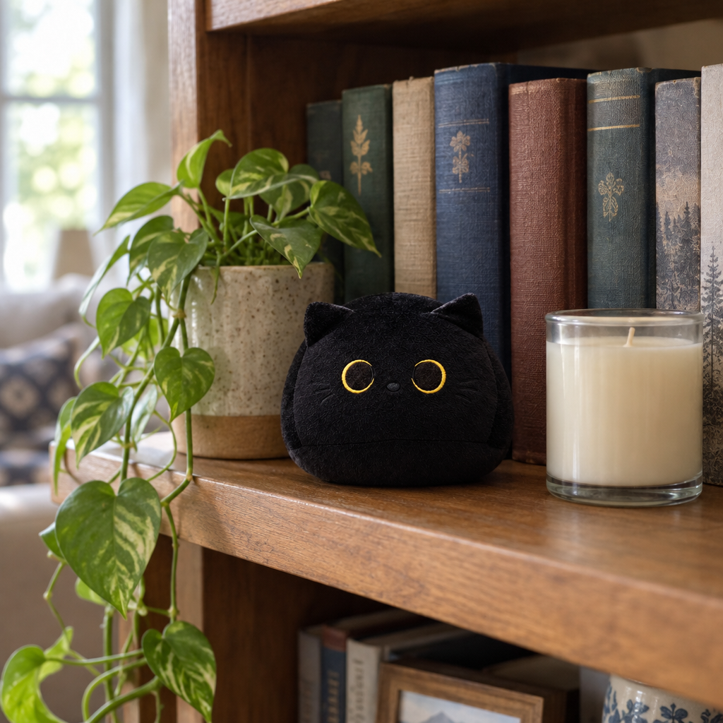 Round black cat plush sitting on a wooden bookshelf in front of books