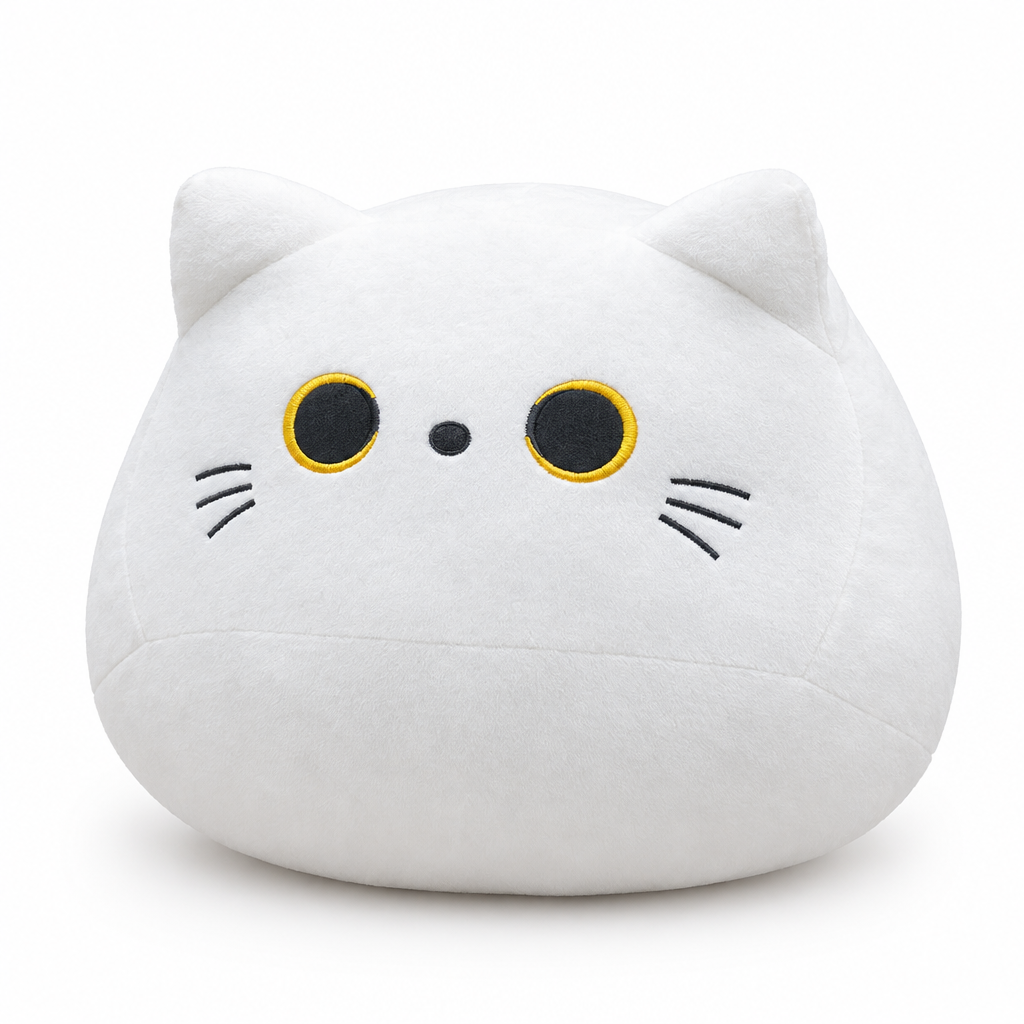 Round white cat plush with whiskers on a white background