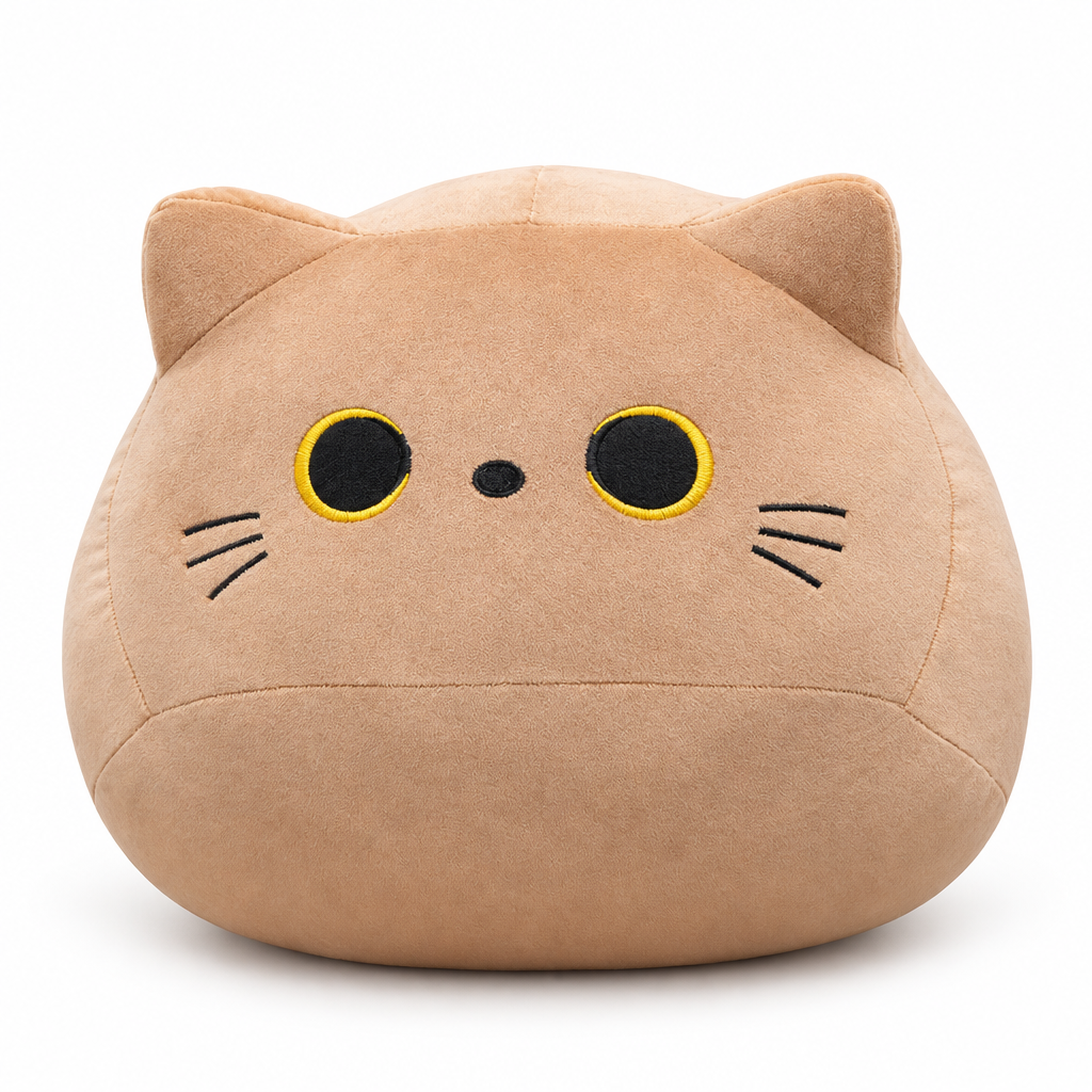 Round light brown cat plush with whiskers on a white background