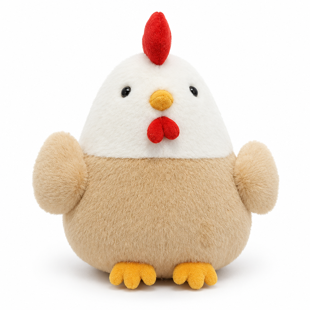 Round white and beige hen plush on a white background