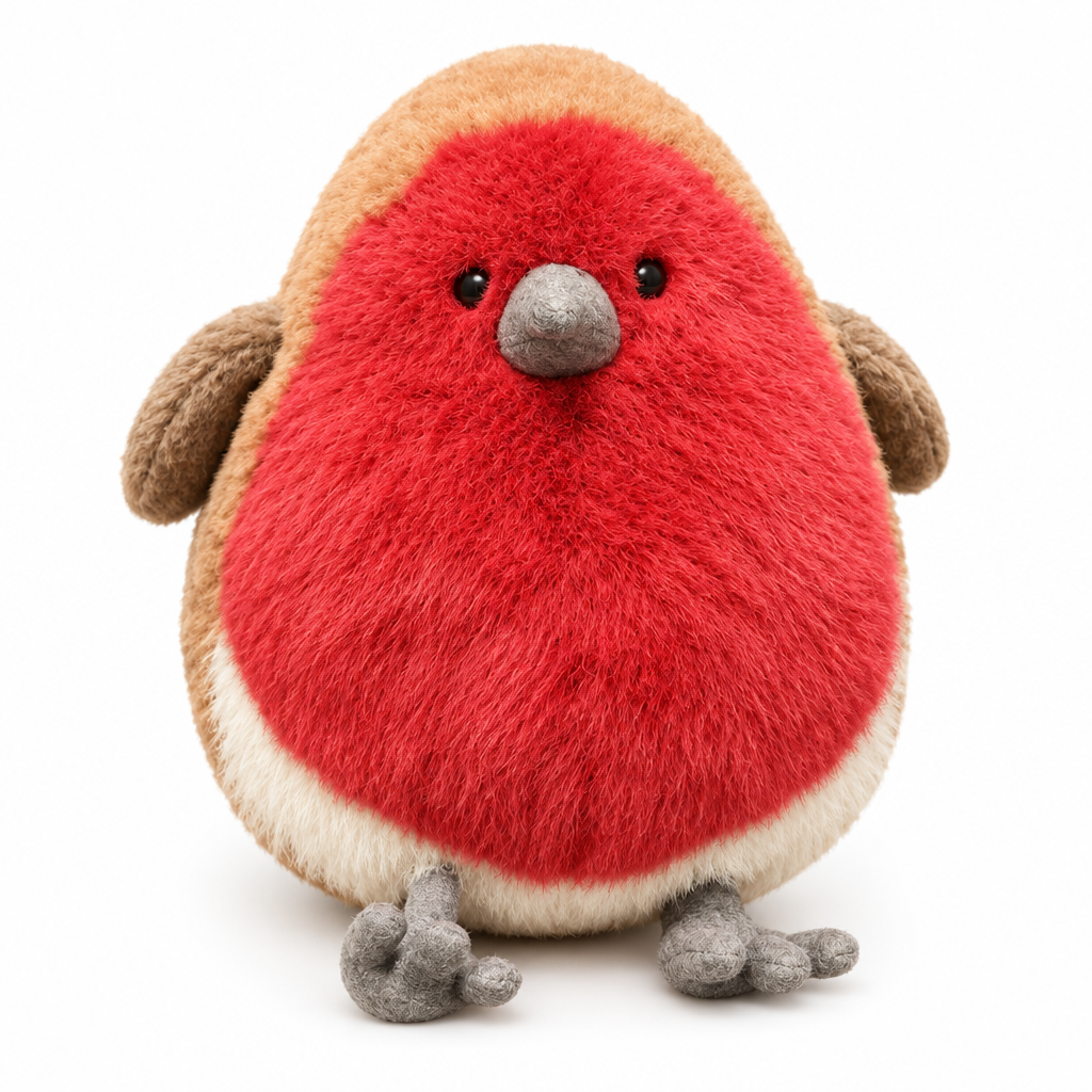 Round robin plush with a fluffy red breast on a white background