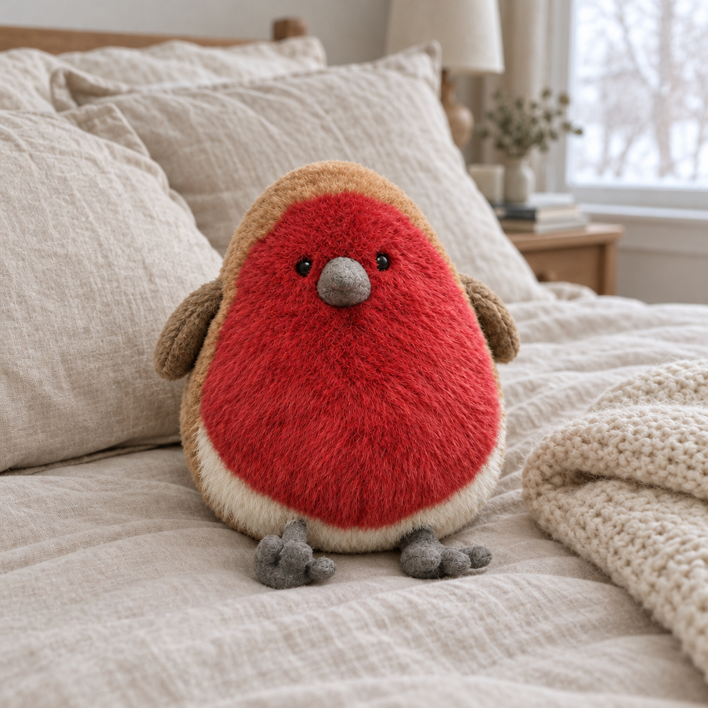 Round robin plush sitting on a made bed against linen pillows