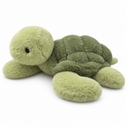 Sage green turtle plush with a shaggy moss-green shell on a white background
