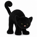 Black cat plush with an arched back and raised tail on a white background