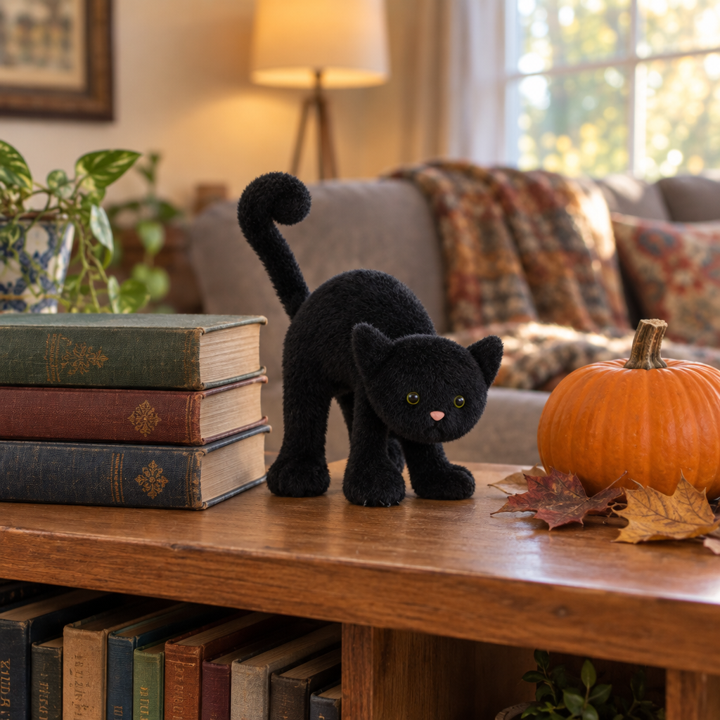 Scared black cat plush on a bookshelf next to a small pumpkin and old books