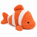 Orange and white clownfish plush pillow on a white background