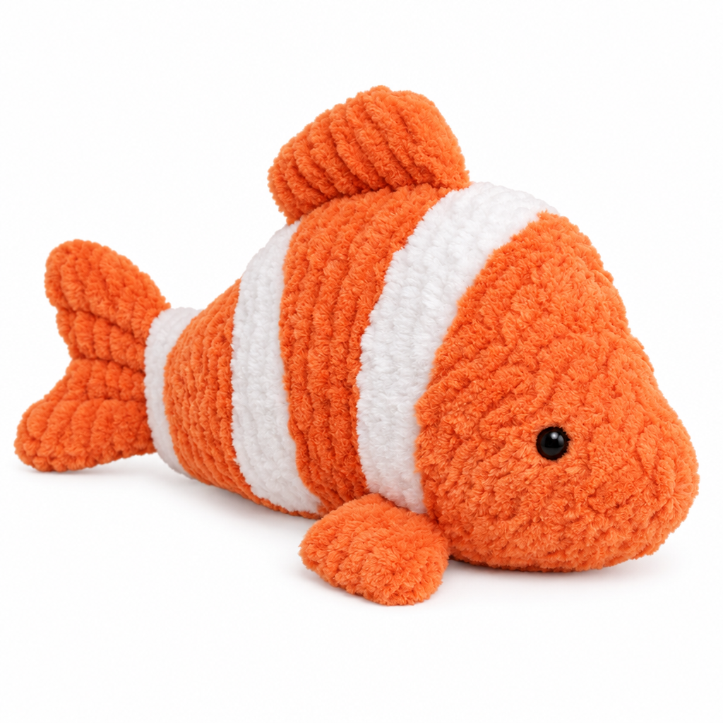 Orange and white clownfish plush pillow on a white background