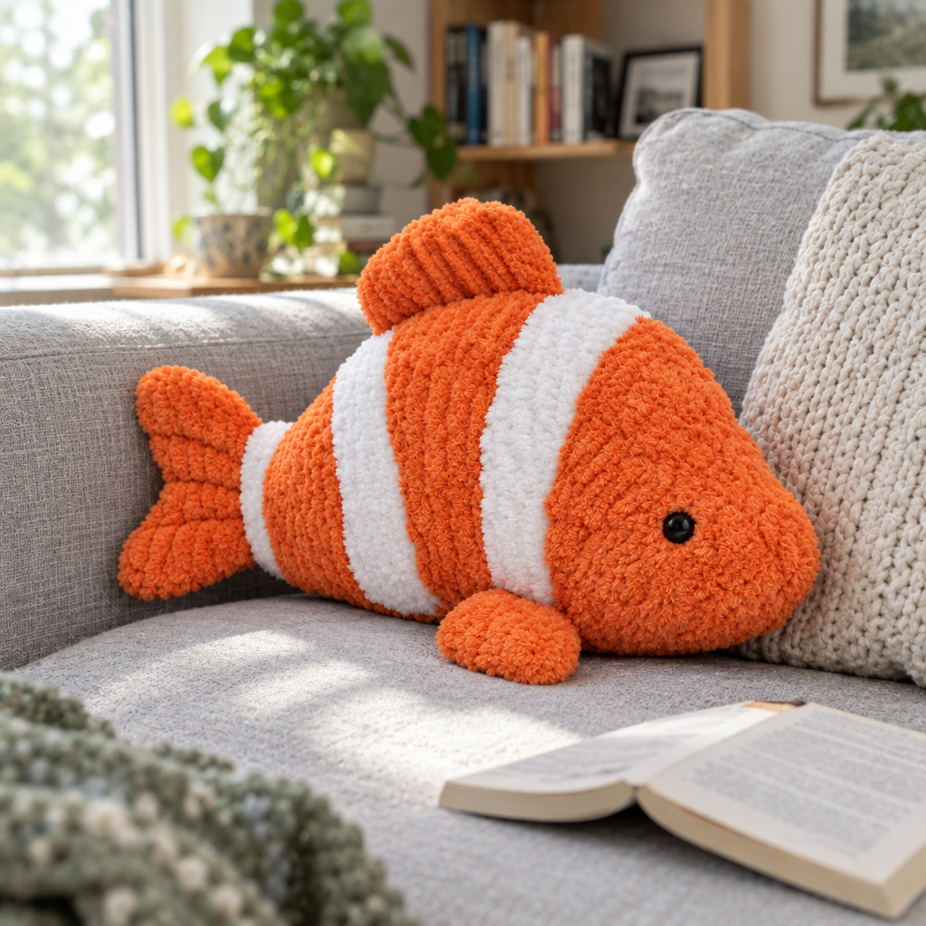 Clownfish plush pillow resting on a gray linen sofa