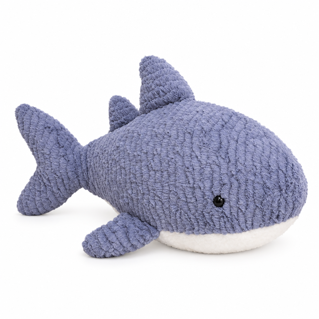 Periwinkle shark plush pillow on a white background