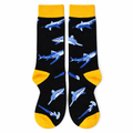Black crew socks with blue-gray sharks and yellow trim on a white background