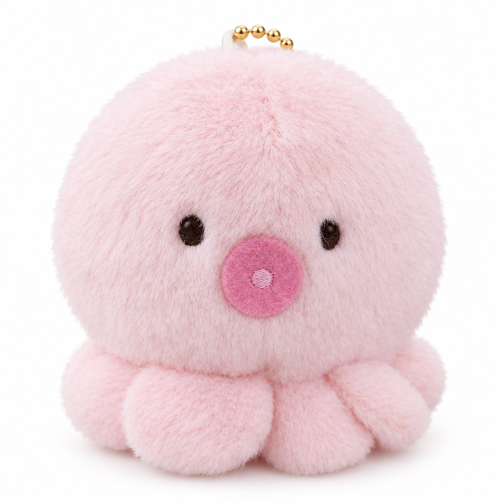 Pink fluffy octopus plush keychain on a white background