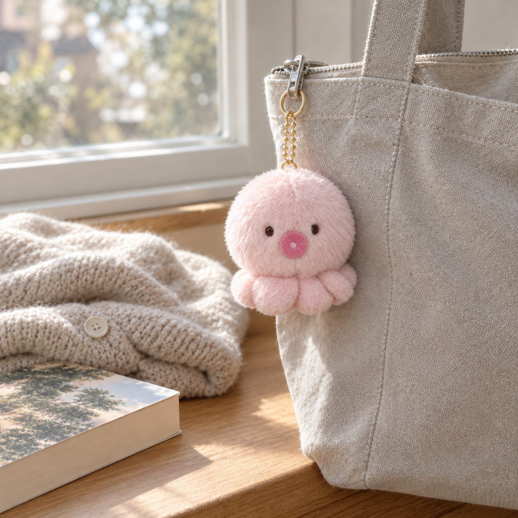 Pink octopus keychain hanging from a canvas tote bag zipper