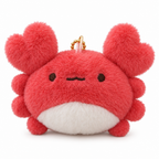 Red fluffy crab plush keychain with heart-shaped claws on a white background