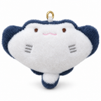 White and navy manta ray plush keychain on a white background
