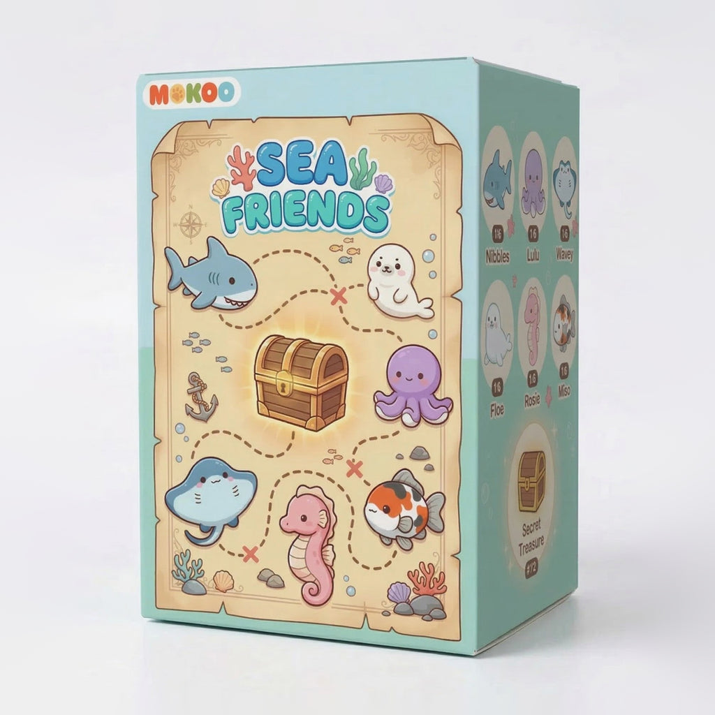 MOKOO Sea Friends blind box — treasure-map box with the shark, seal, octopus, stingray, seahorse and koi friends