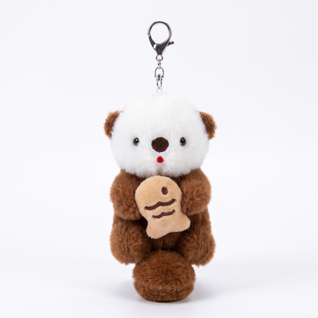 Brown sea otter plush keychain hugging a fish on a white background