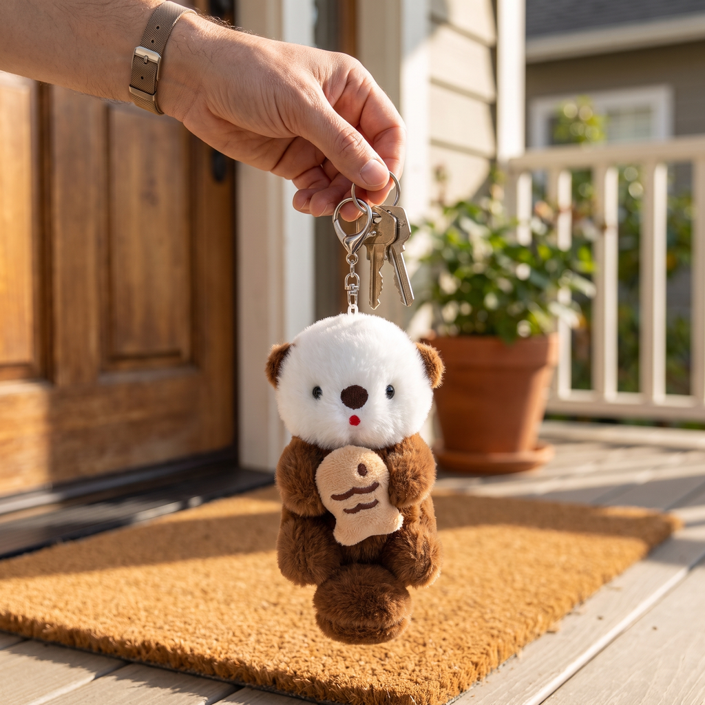 Brown sea otter keychain on house keys held in a hand