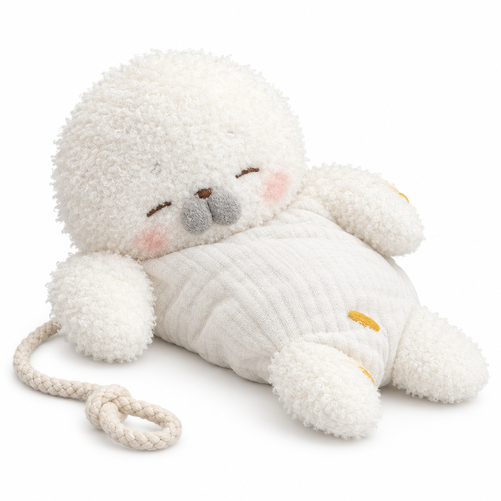 White bean bag seal plush with sleepy closed eyes on a white background