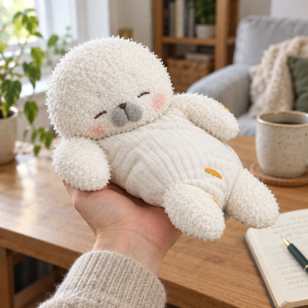 Floppy white seal bean bag plush draped over an adult hand above a desk