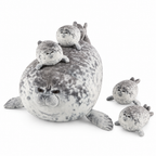 Spotted gray seal mom plush with four small seal pups on a white background