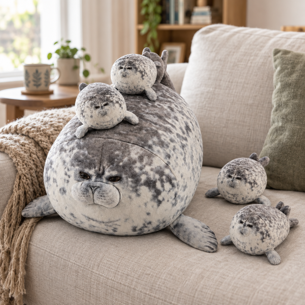 Spotted seal mom plush with four pups on a linen sofa